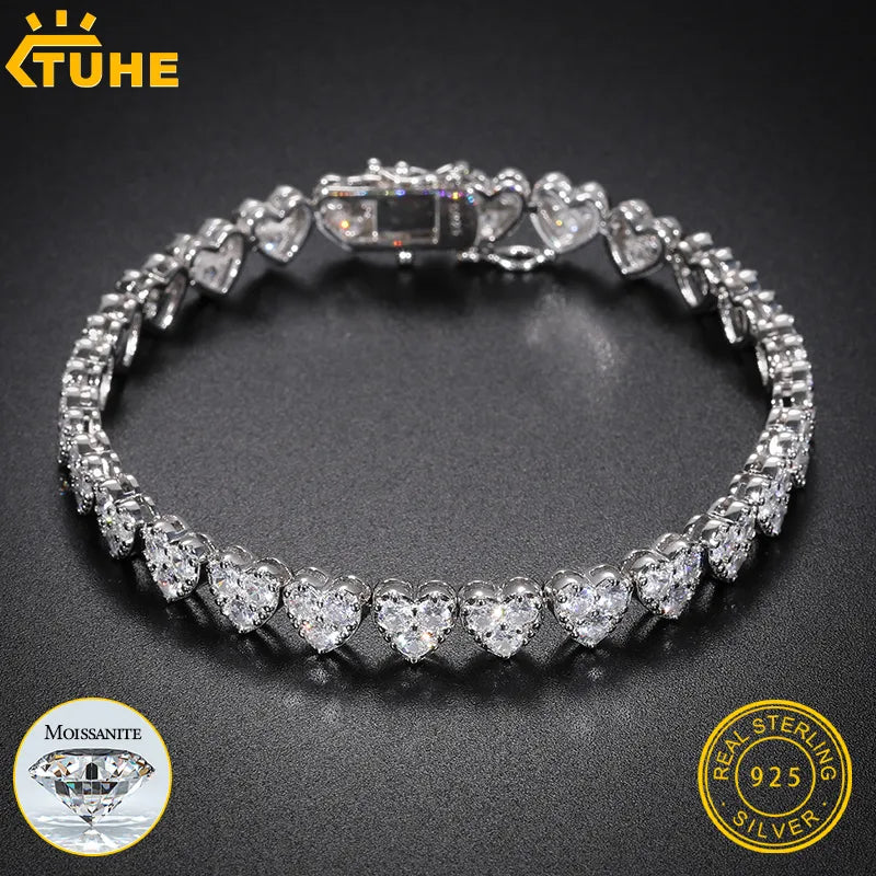 Heart 3 Row Tennis Moissanite Bracelet 925 Silver