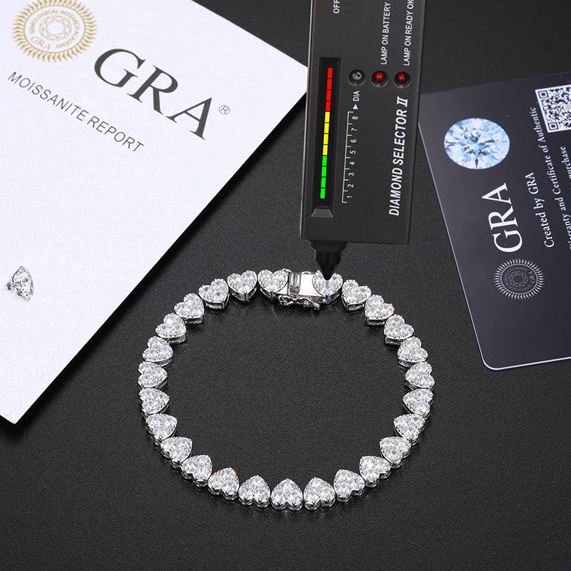 Heart 3 Row Tennis Moissanite Bracelet 925 Silver