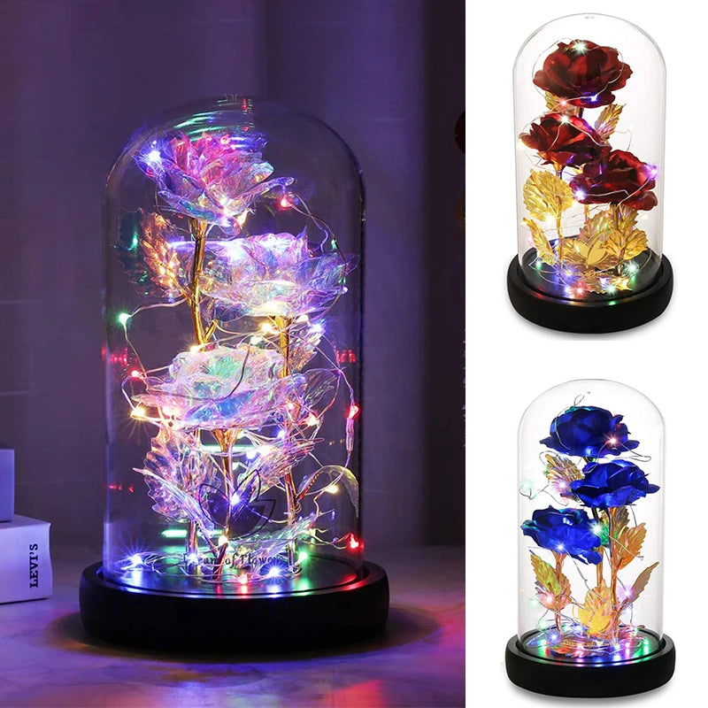 Galaxy Rose Eternal Gold Foil Artificial Flowers In Glass Dome with LED Light