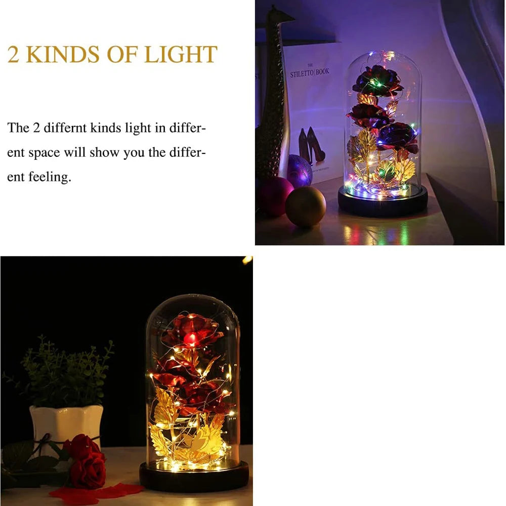 Galaxy Rose Eternal Gold Foil Artificial Flowers In Glass Dome with LED Light