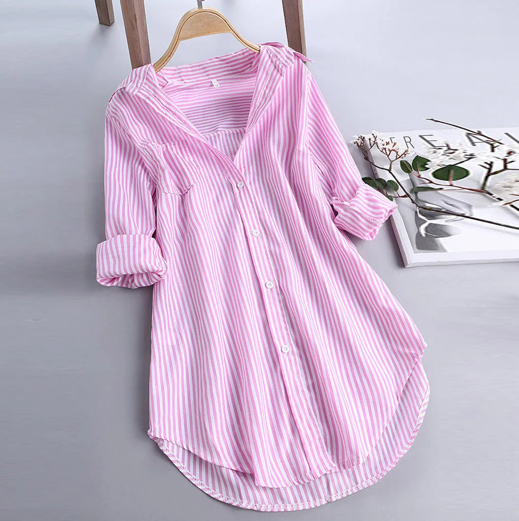 Women Shirts Stripe Cotton Long Sleeve