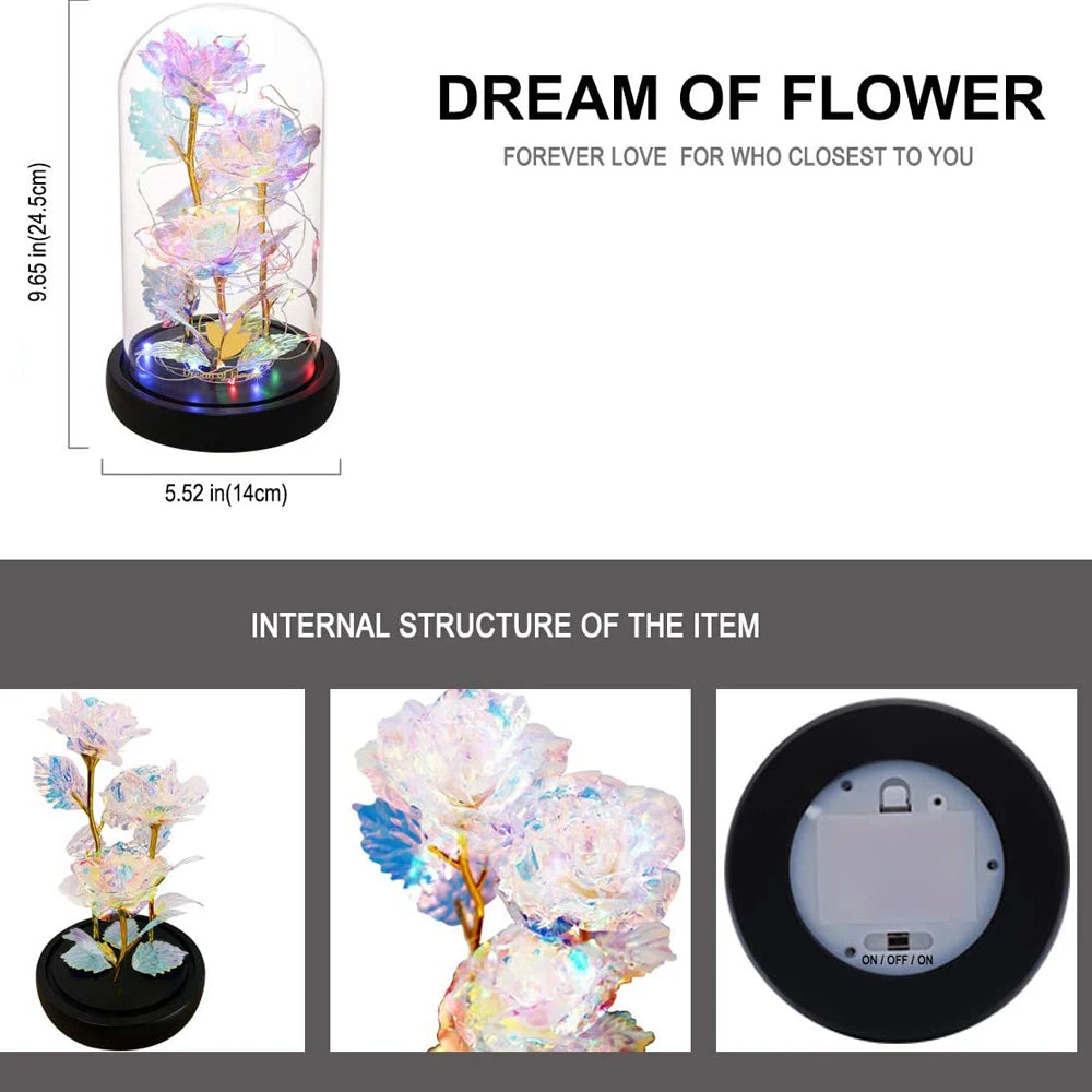 Galaxy Rose Eternal Gold Foil Artificial Flowers In Glass Dome with LED Light