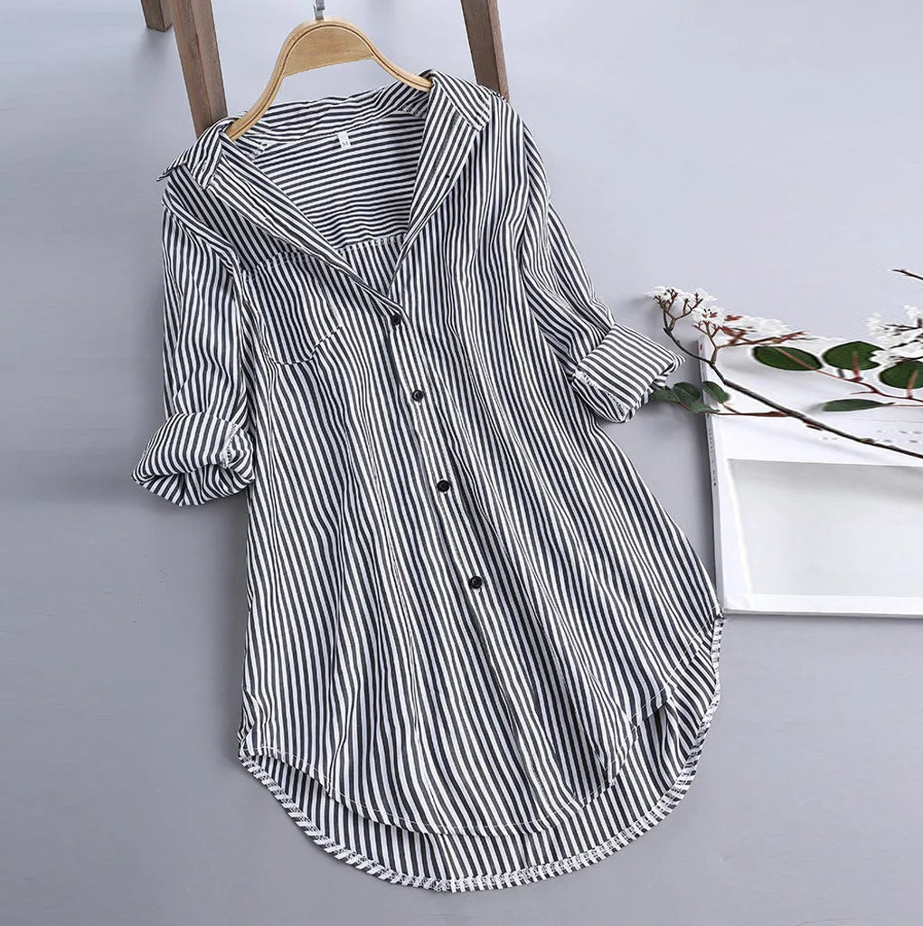 Women Shirts Stripe Cotton Long Sleeve