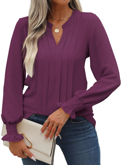 ZAAYO Women Tunic Tops Casual Chiffon Blouses Fall Clothes 2024 Long Sleeve V Neck Soft Work Blouses Cute Shirts Fuchsia