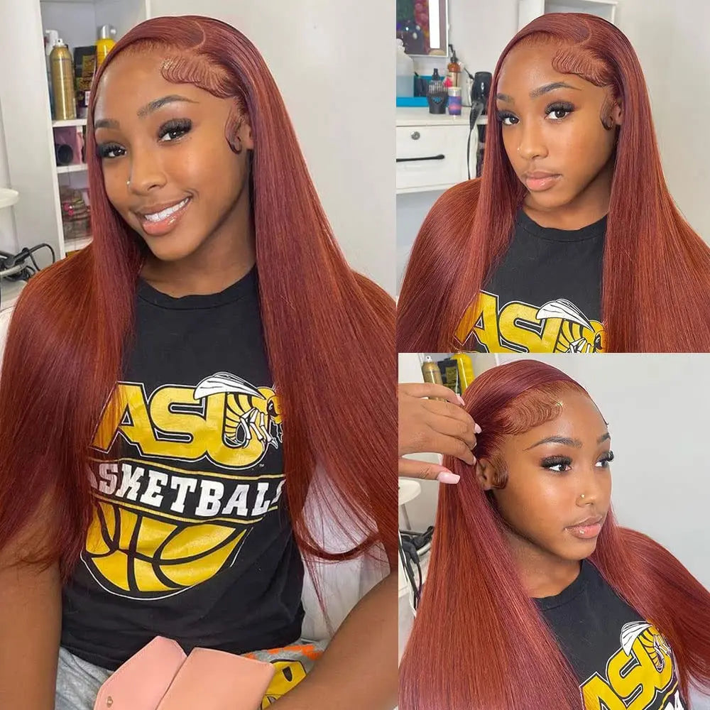 13x4 Reddish Brown Lace Front Human Hair Transparent Hd Glueless Straight Lace Frontal Wig