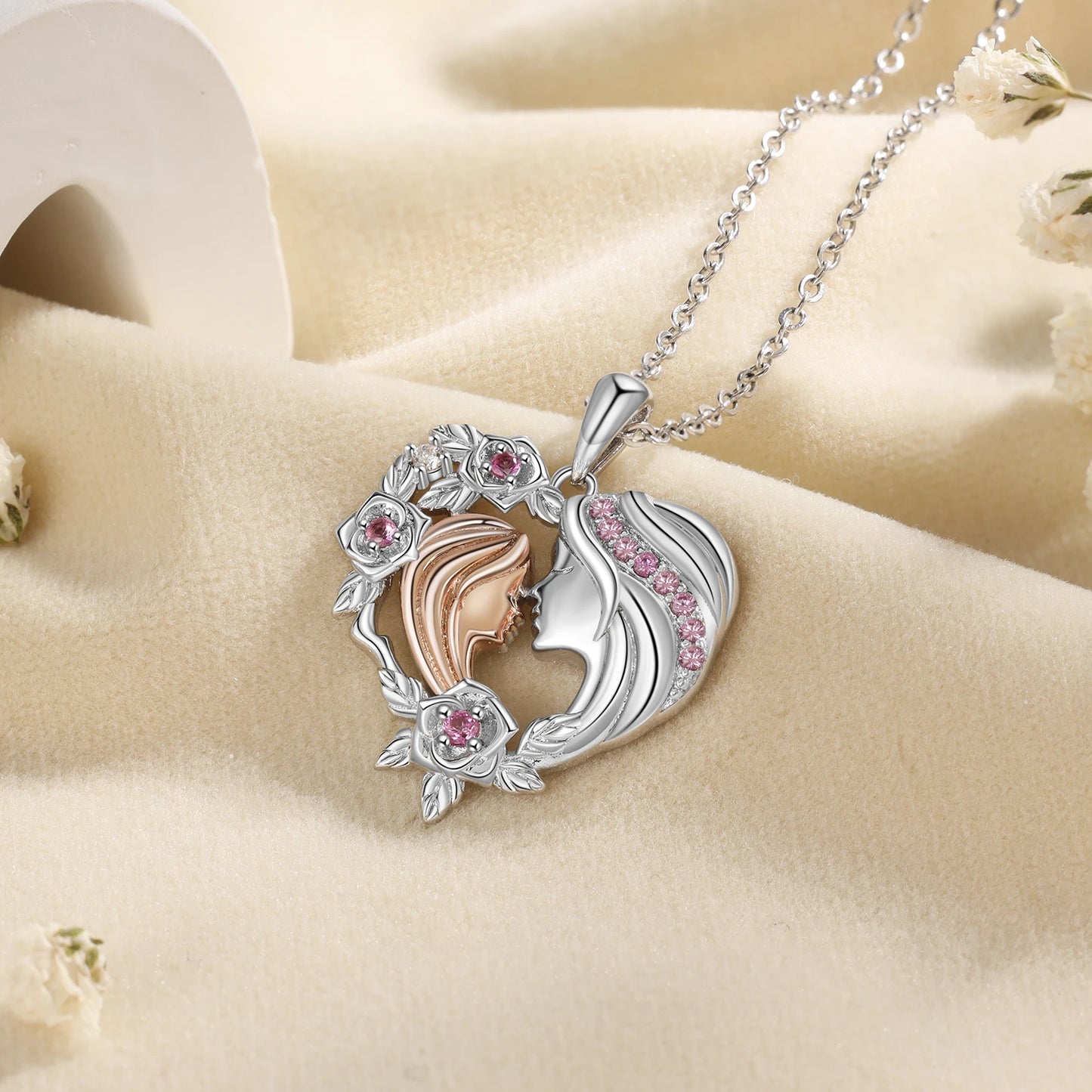 Mother and Daughter Heart Necklace With Flower