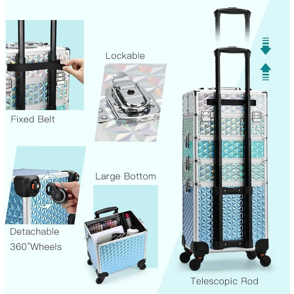 Makeup Train Case 4 in 1 Aluminum Trolley Case with Wheels