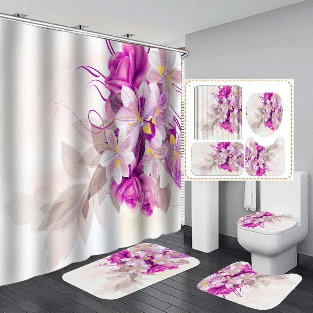 4 Pcs Shower Curtain Sets with 12 Hooks Flowers Floral with Non-Slip Rugs Toilet Lid Cover And Bath Mat Bathroom Decor Set