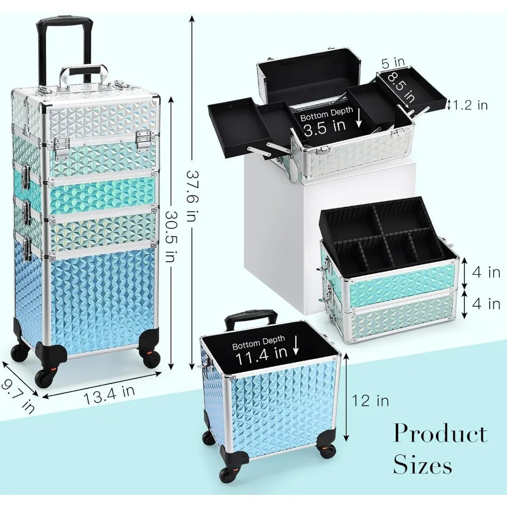 Makeup Train Case 4 in 1 Aluminum Trolley Case with Wheels