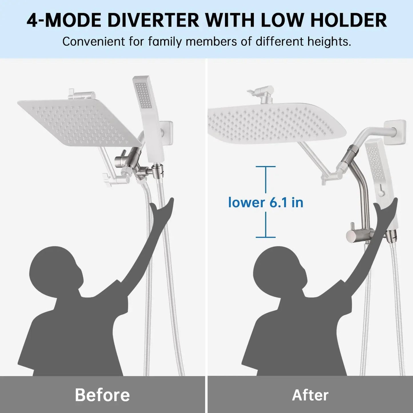 12 Inch Shower Head with Massage Mode Handheld, 3-Way Diverter