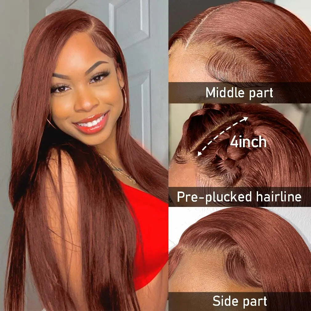 13x4 Reddish Brown Lace Front Human Hair Transparent Hd Glueless Straight Lace Frontal Wig