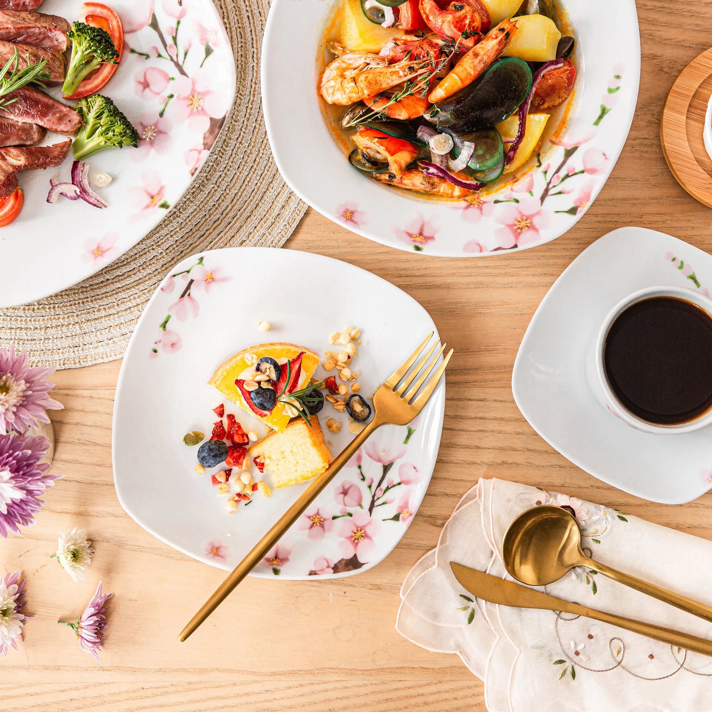 60-Piece Pink Floral Porcelain Plate Set