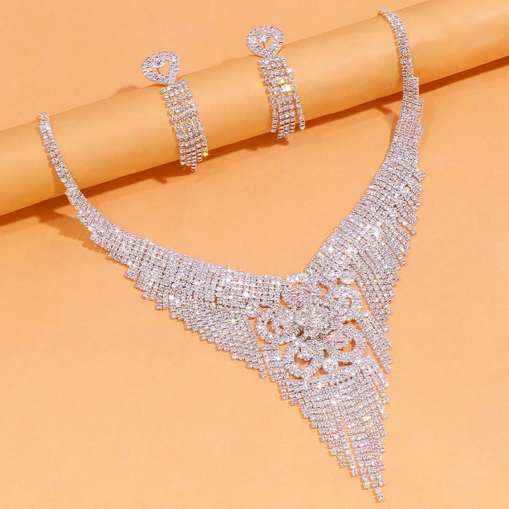 Stonefans Crystal Flower Tassel Necklace Earrings Set Women Accessories Luxury Rhinestone Indian Bridal Jewelry Sets Party Gift