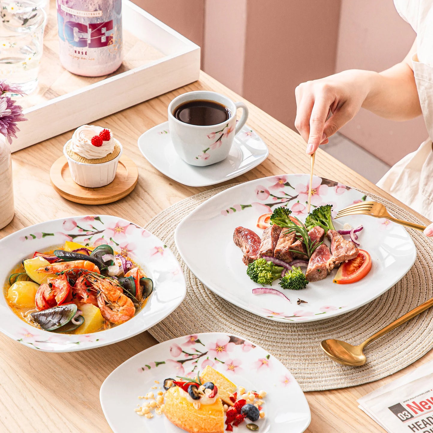 60-Piece Pink Floral Porcelain Plate Set