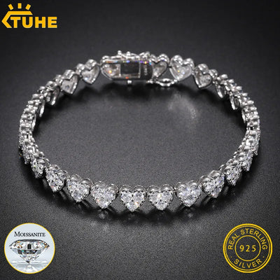 Heart 3 Row Tennis Moissanite Bracelet 925 Silver