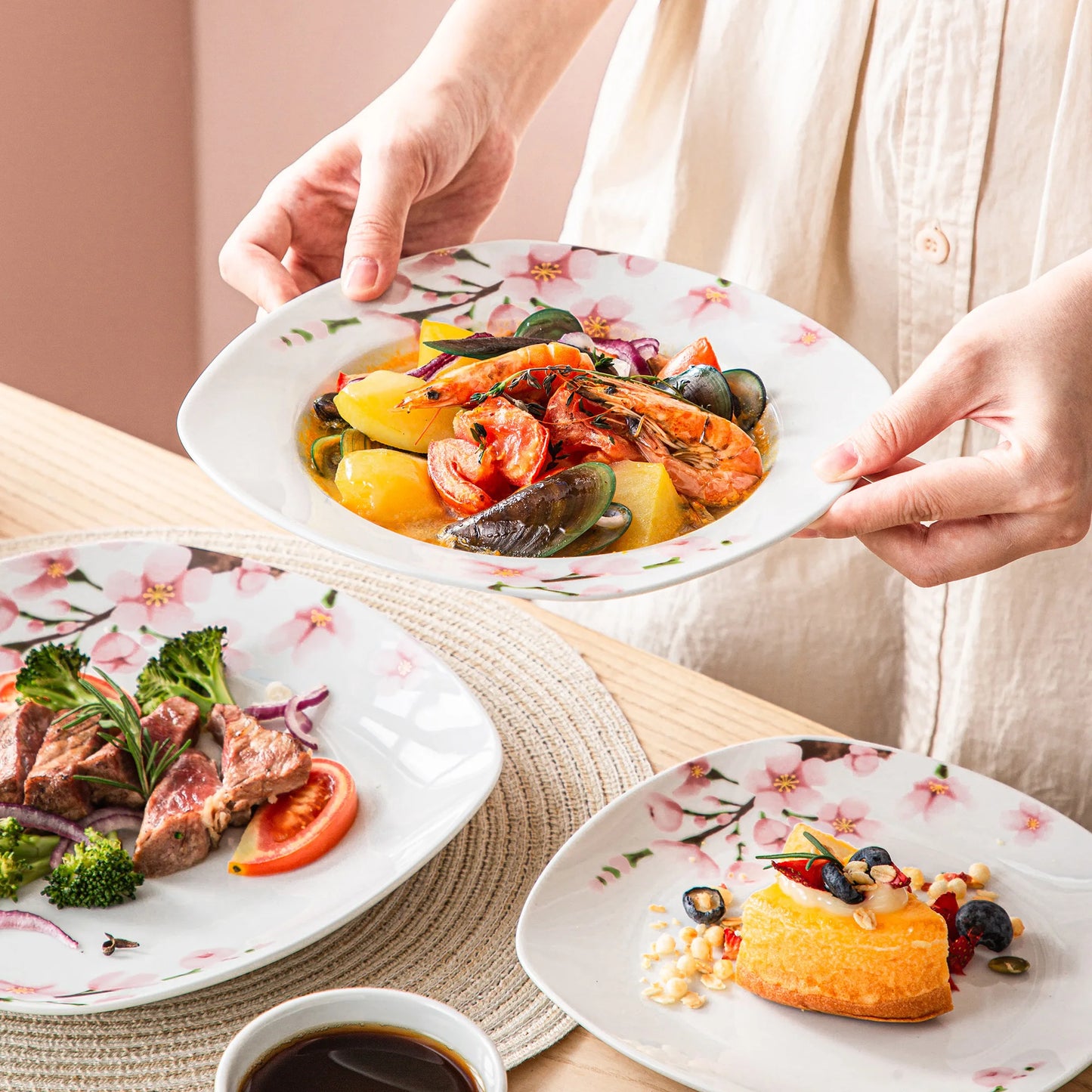 60-Piece Pink Floral Porcelain Plate Set