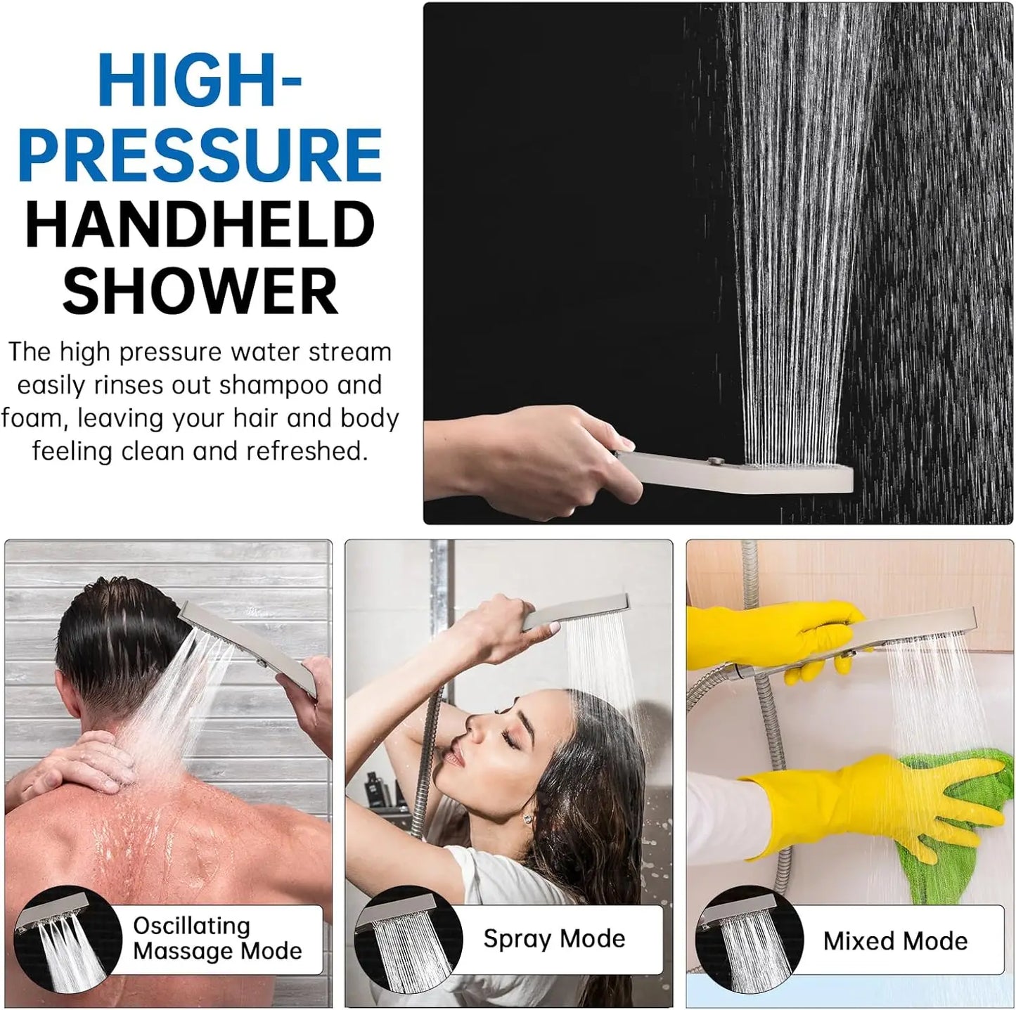 12 Inch Shower Head with Massage Mode Handheld, 3-Way Diverter