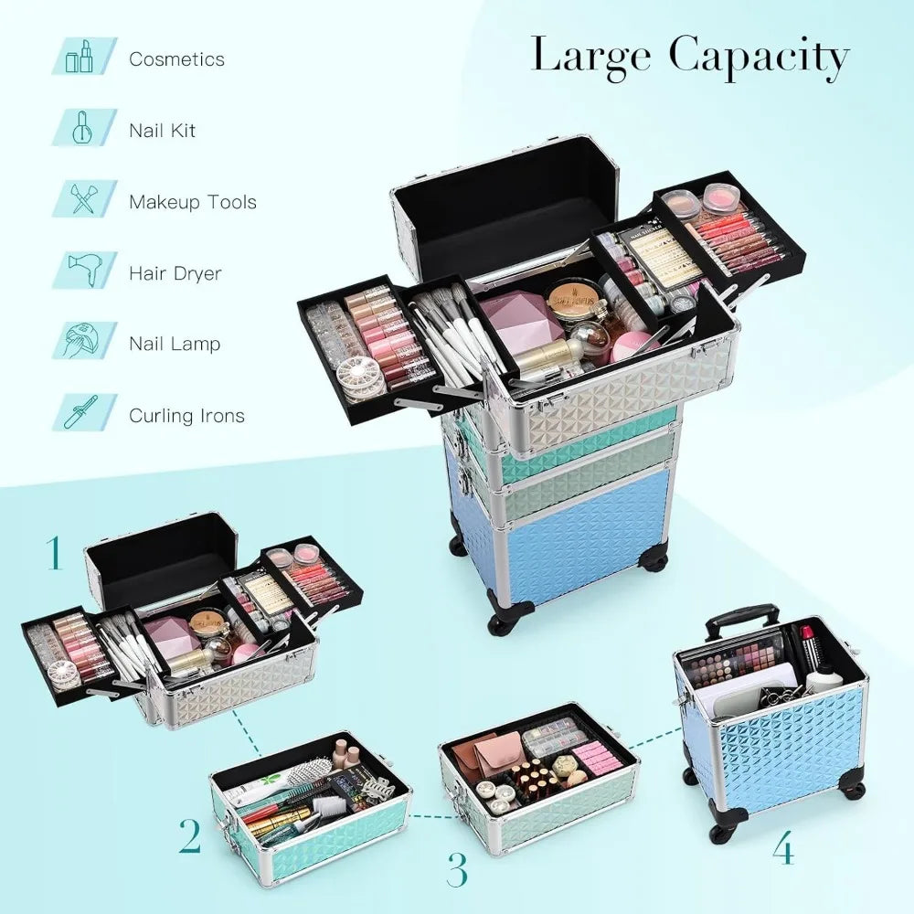 Makeup Train Case 4 in 1 Aluminum Trolley Case with Wheels