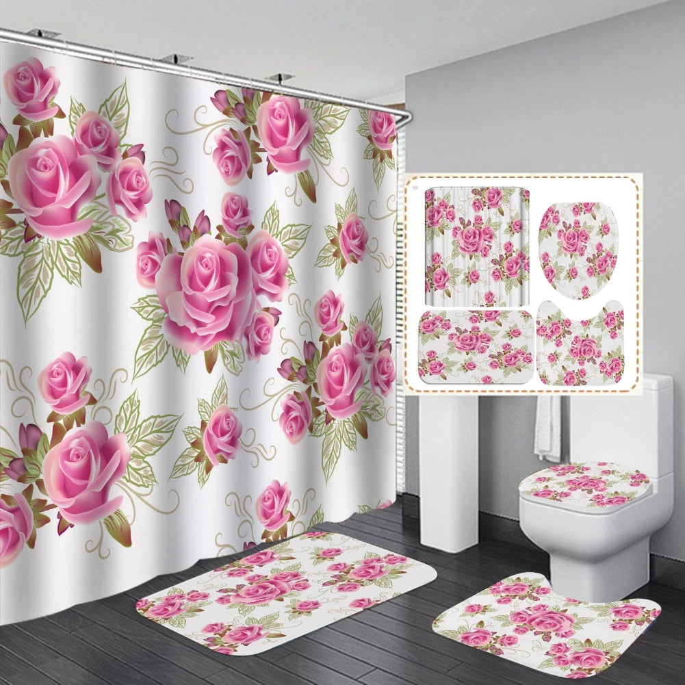 4 Pcs Shower Curtain Sets with 12 Hooks Flowers Floral with Non-Slip Rugs Toilet Lid Cover And Bath Mat Bathroom Decor Set