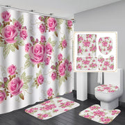4 Pcs Shower Curtain Sets with 12 Hooks Flowers Floral with Non-Slip Rugs Toilet Lid Cover And Bath Mat Bathroom Decor Set