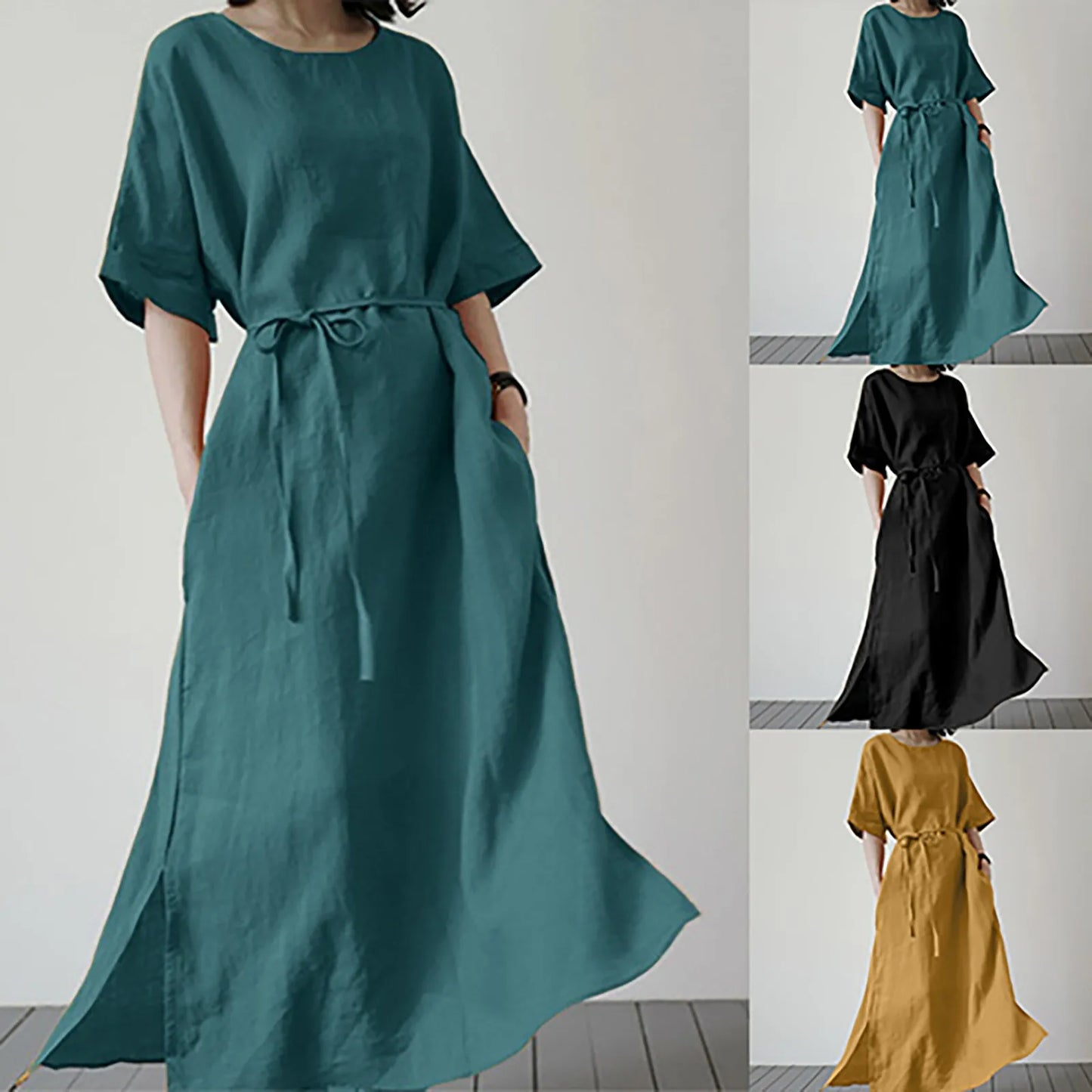 Women'S Summer Fashion Solid Color Long Dress With Drawstring