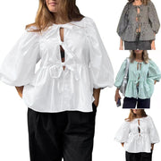 Puff Short Sleeve Peplum Shirts Tie Front Ruffle Hem