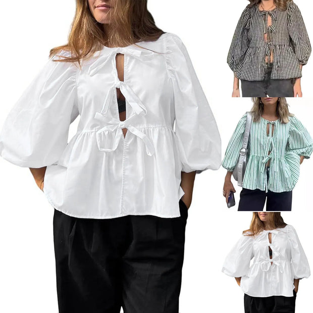 Puff Short Sleeve Peplum Shirts Tie Front Ruffle Hem