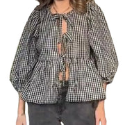 Puff Short Sleeve Peplum Shirts Tie Front Ruffle Hem