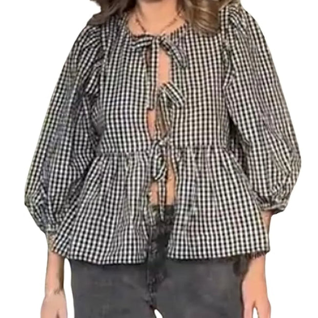 Puff Short Sleeve Peplum Shirts Tie Front Ruffle Hem