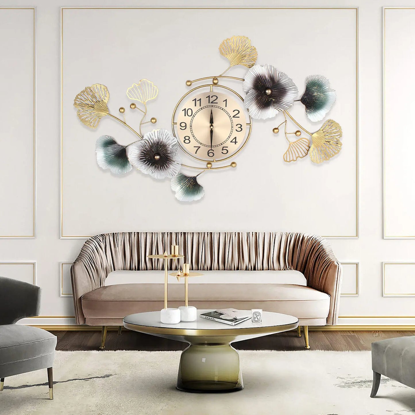 90*45cm Wall Clock Luxury Iron Ginkgo Leaf