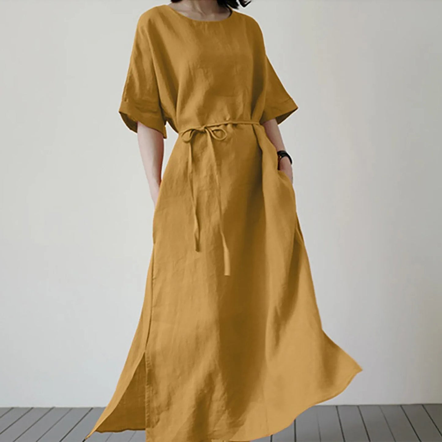 Women'S Summer Fashion Solid Color Long Dress With Drawstring