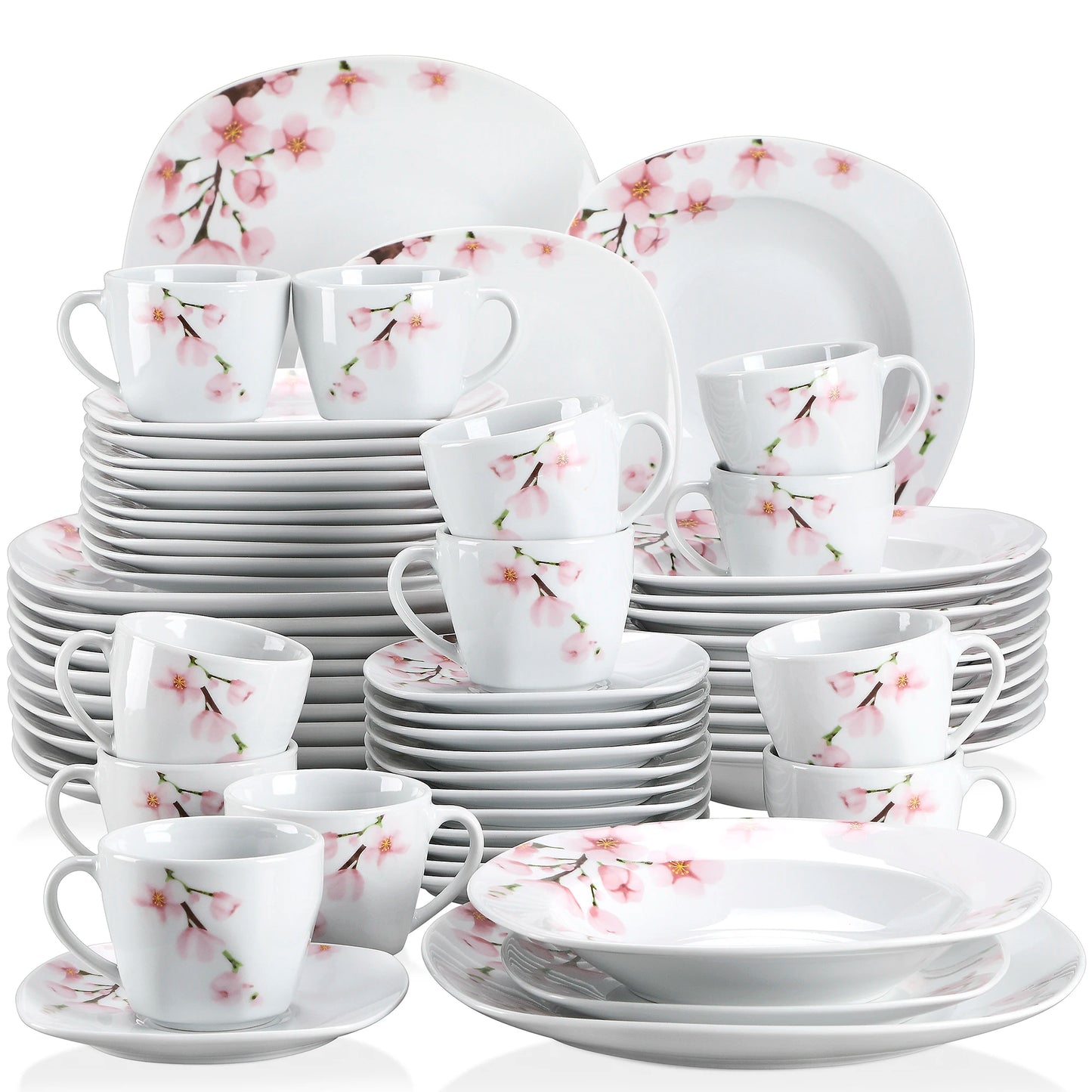 60-Piece Pink Floral Porcelain Plate Set