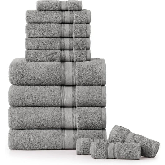 Luxury 12 Piece Bath Towel Set - 100% Cotton, Zero Twist, Quick Dry, Absorbent, Soft - 4 Bath, 4 Hand, 4 Wash