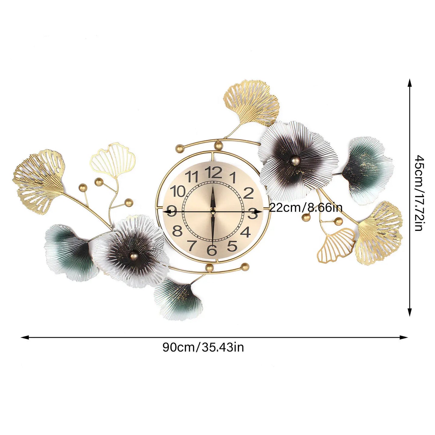 90*45cm Wall Clock Luxury Iron Ginkgo Leaf