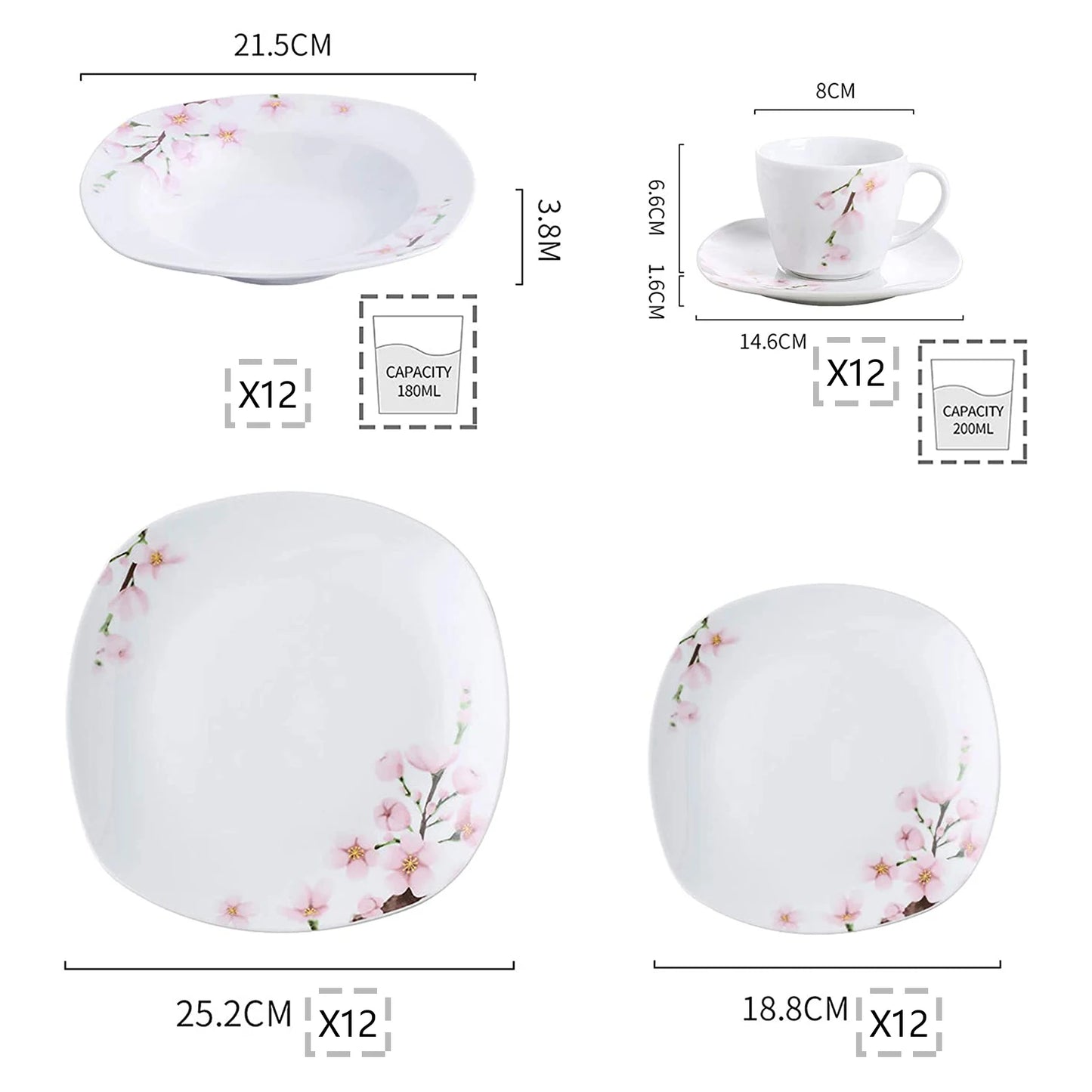 60-Piece Pink Floral Porcelain Plate Set