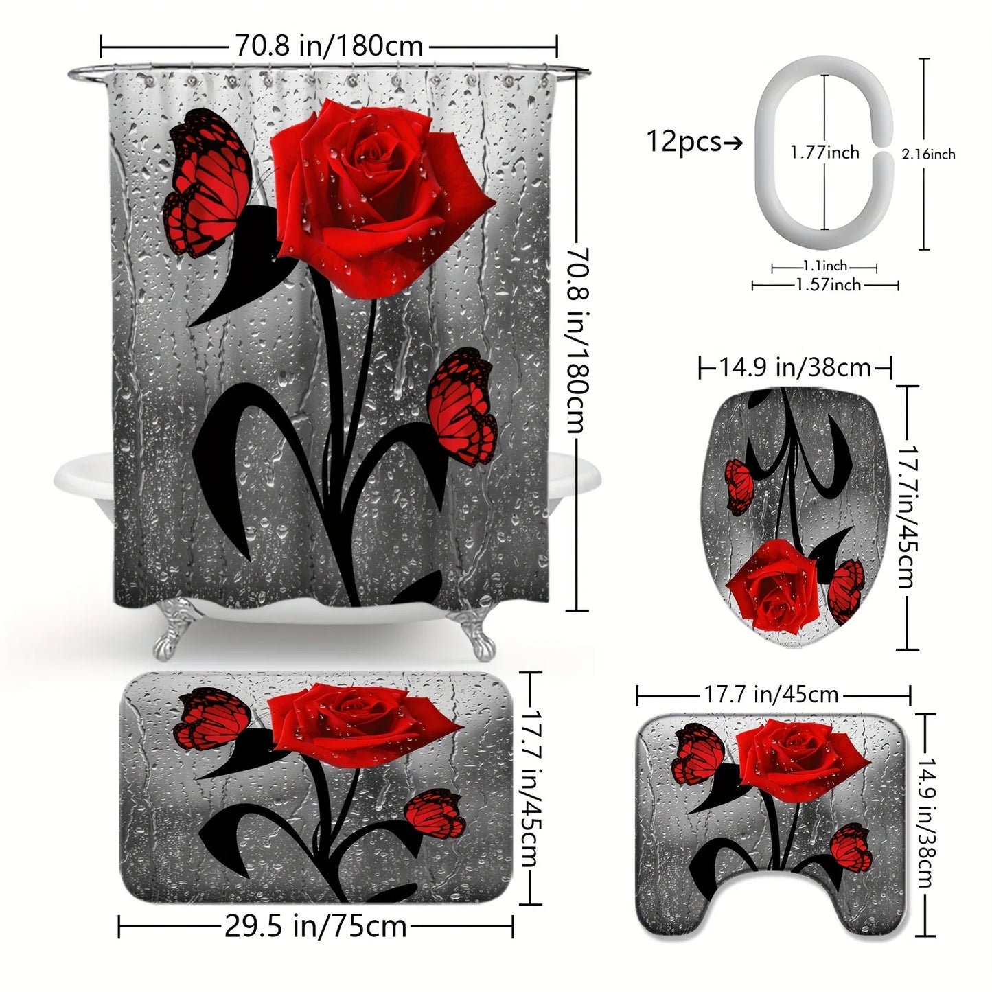 4pcs  Rose Print Shower Curtain Set