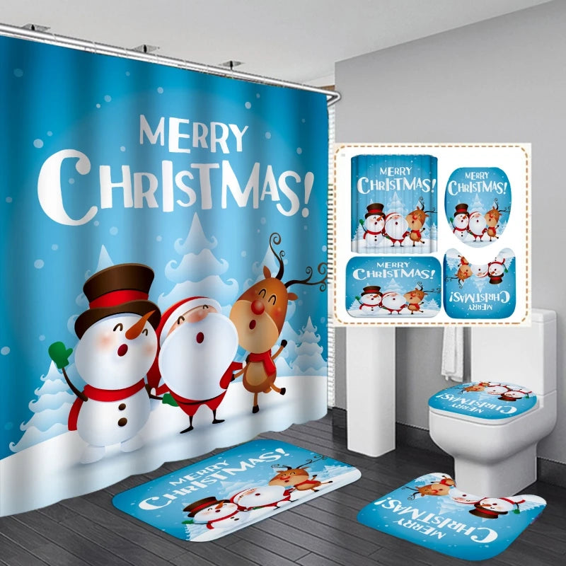 4Pcs Set Snowman Waterproof Shower Curtain