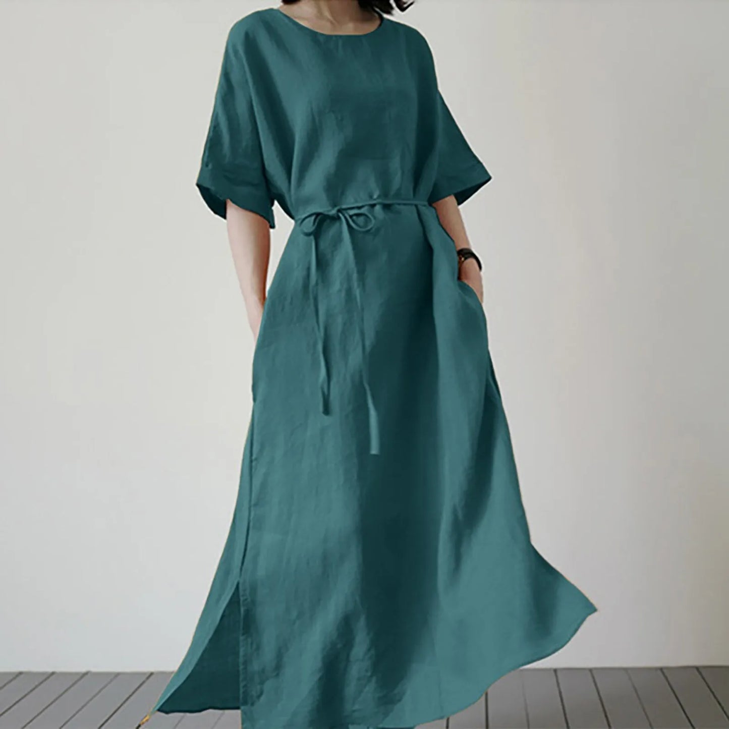 Women'S Summer Fashion Solid Color Long Dress With Drawstring