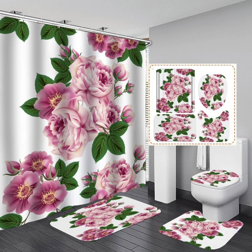 4 Pcs Shower Curtain Sets with 12 Hooks Flowers Floral with Non-Slip Rugs Toilet Lid Cover And Bath Mat Bathroom Decor Set