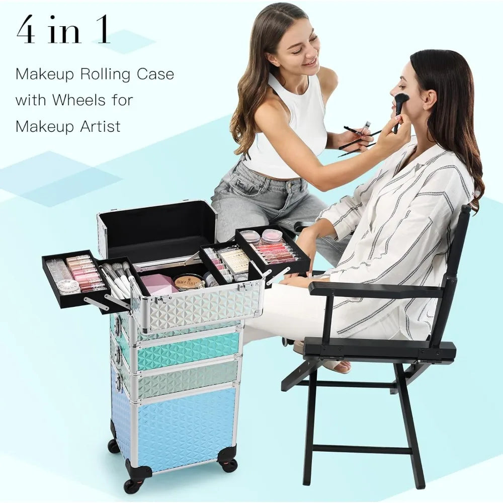 Makeup Train Case 4 in 1 Aluminum Trolley Case with Wheels