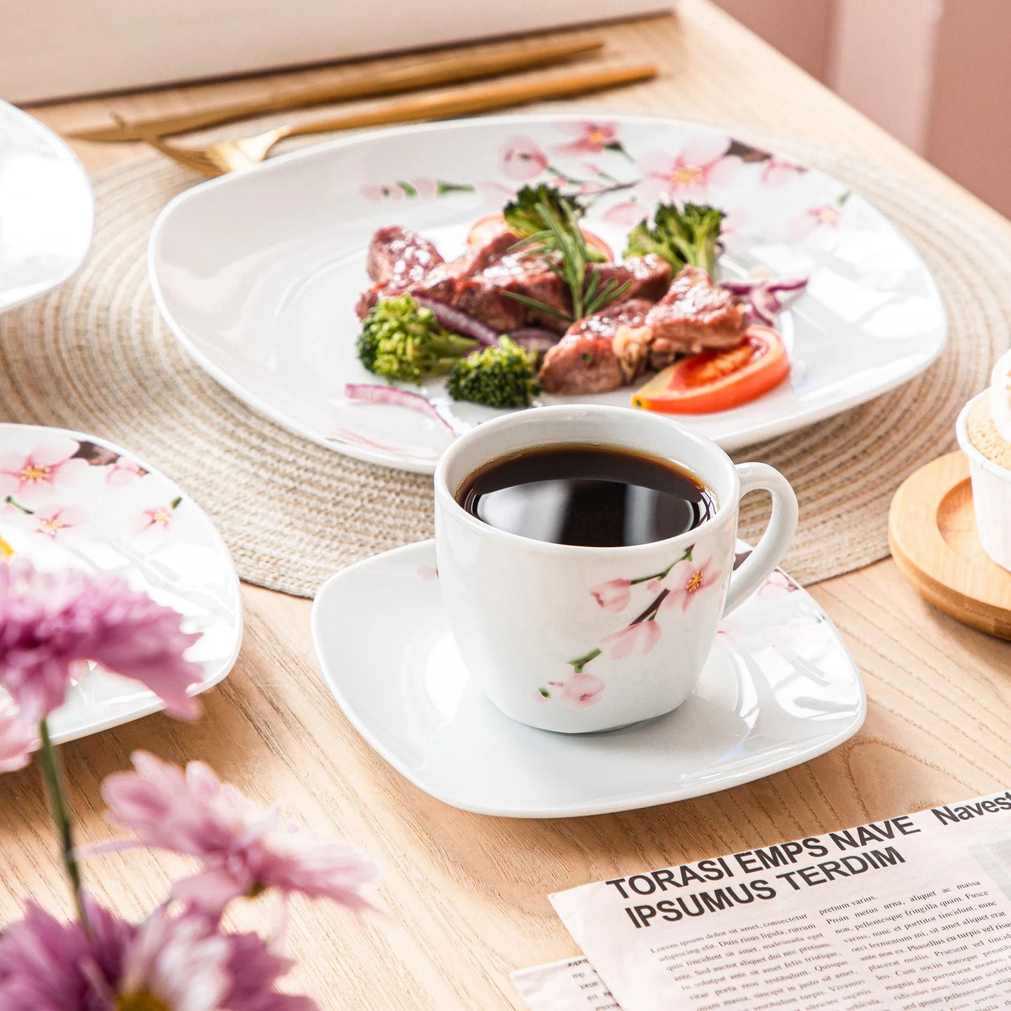 60-Piece Pink Floral Porcelain Plate Set