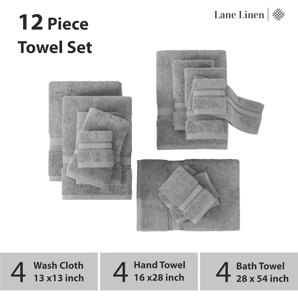 Luxury 12 Piece Bath Towel Set - 100% Cotton, Zero Twist, Quick Dry, Absorbent, Soft - 4 Bath, 4 Hand, 4 Wash