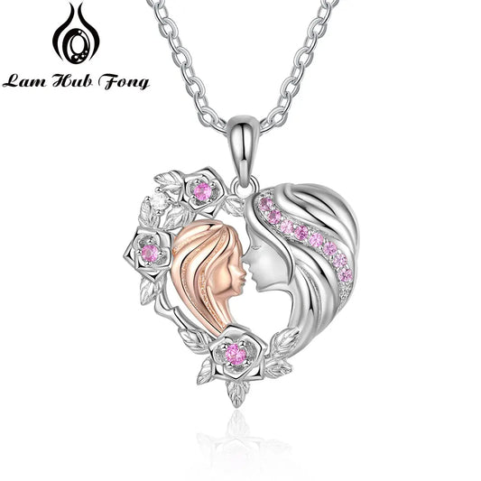 Mother and Daughter Heart Necklace With Flower