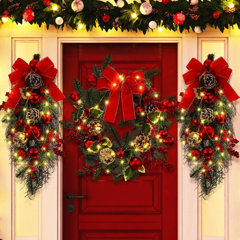 3 Pcs Christmas Pre Lit Wreath and Swag with Lights