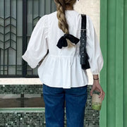 Puff Short Sleeve Peplum Shirts Tie Front Ruffle Hem