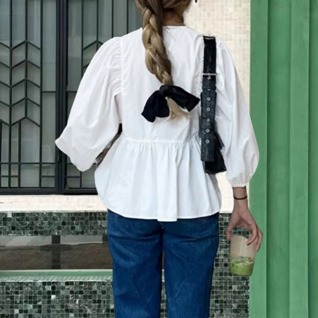 Puff Short Sleeve Peplum Shirts Tie Front Ruffle Hem