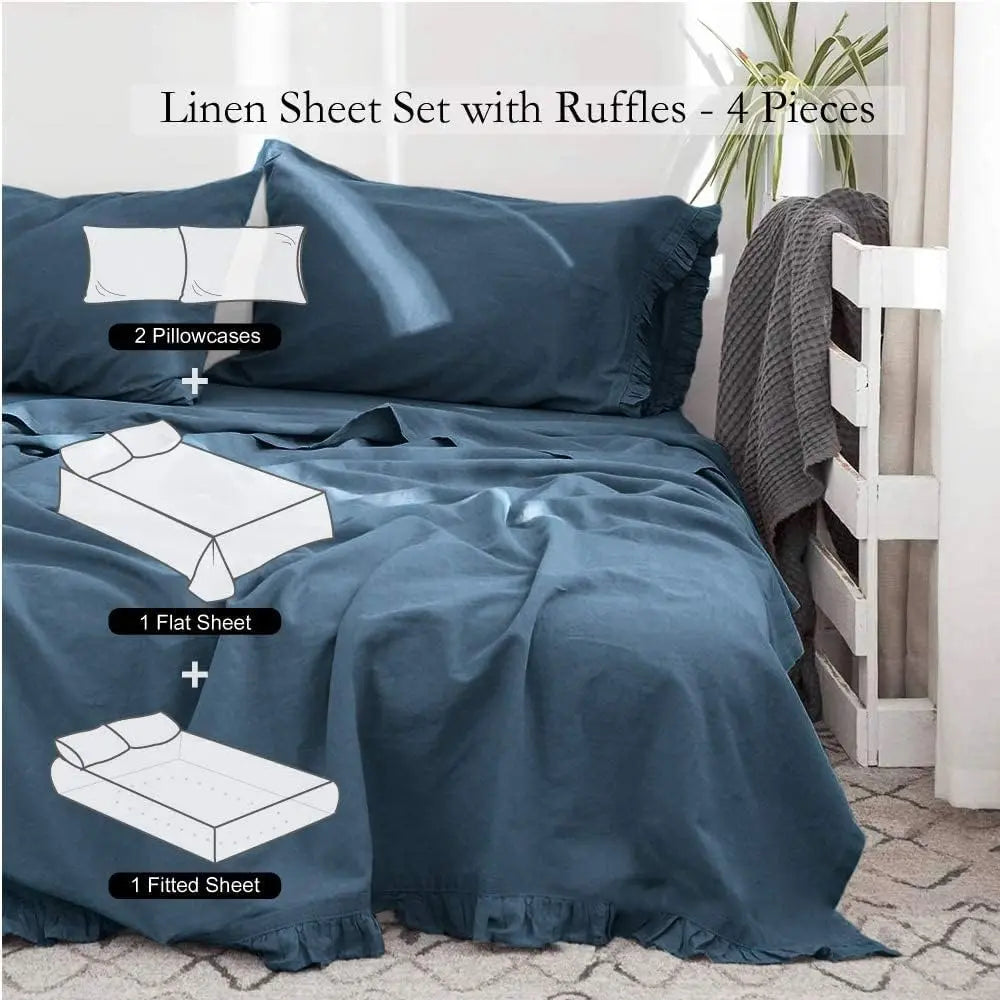 Belgian Natural Flax Cotton Basic Style with Ruffles Blend Soft Bedding