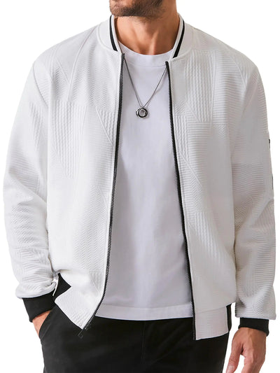 JMIERR Mens Casual Jacquard Bomber Jackets Color-Block Lightweight Varsity Jacket Fashion Zipper Coat with PocketsUS38(S)White