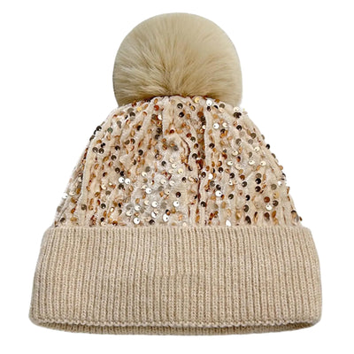 Caviotess Sparkly Sequins Beanies for Women Girls Warm Velvet Winter Hat Knit Skull Cap with Faux Fur Pom Pom