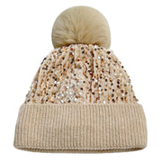 Caviotess Sparkly Sequins Beanies for Women Girls Warm Velvet Winter Hat Knit Skull Cap with Faux Fur Pom Pom